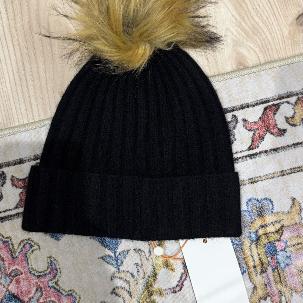 Quince Black Knit Hat with Faux Fur Pom